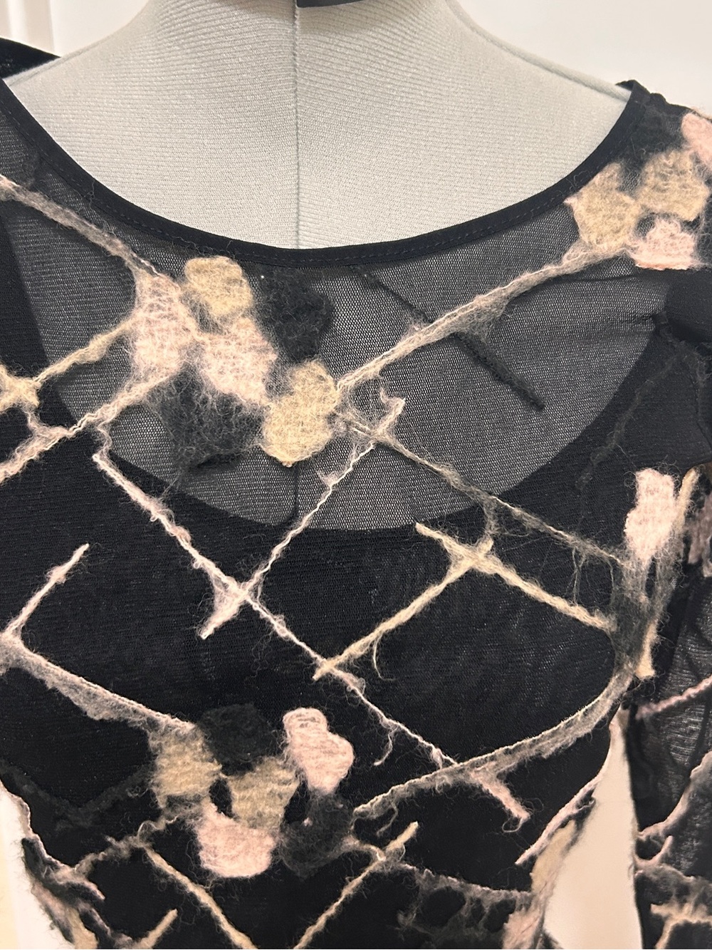 Vintage Feelgood Paris Y2K Sheer Mesh Felted Floral Avant Garde Top